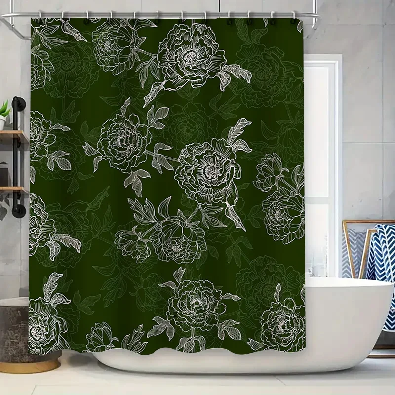 

Vintage Green Floral Shower Curtain Set, Luxurious Bathtub Decor, Rustic Farmhouse Style Bathroom Accessories 72x84 inches (180