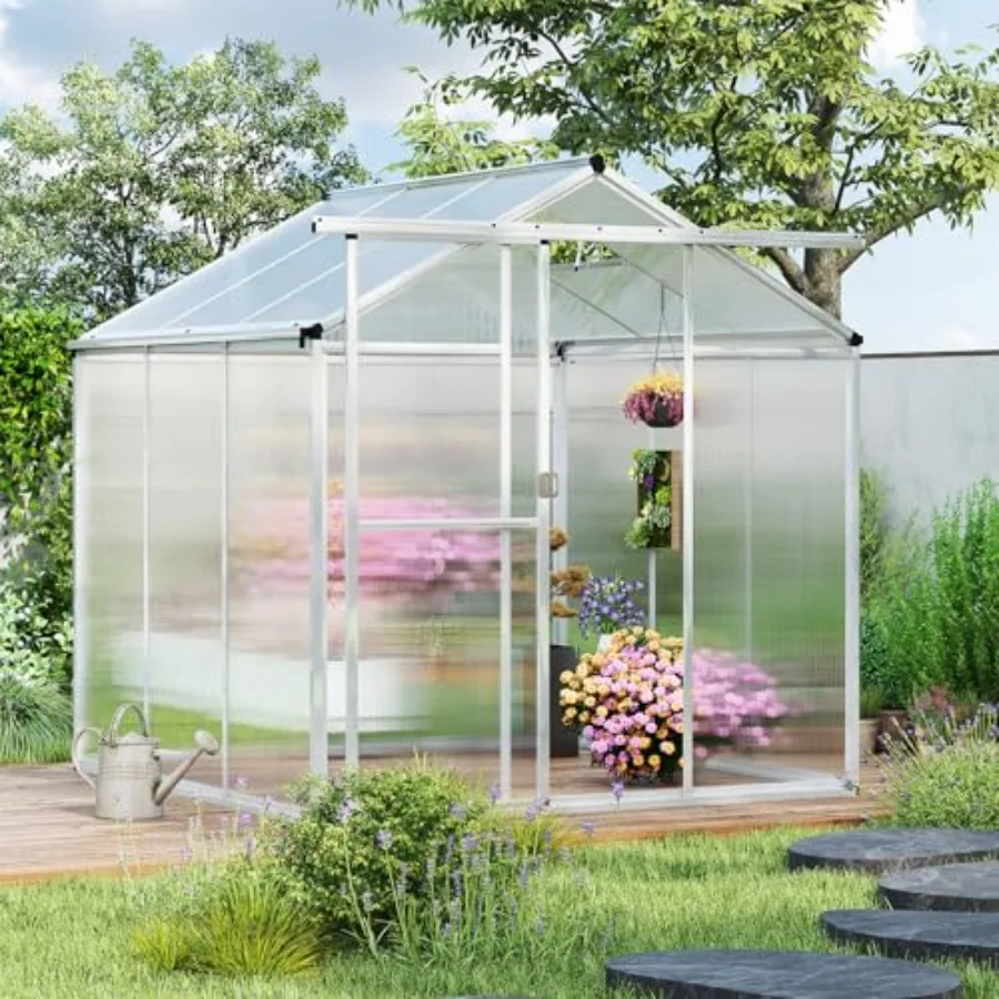 Greenhouse for outdoor garden, backyard, patio, lawn: 6x6x6.5 FT polycarbonate greenhouse in silver-gray, heavy-duty aluminum f