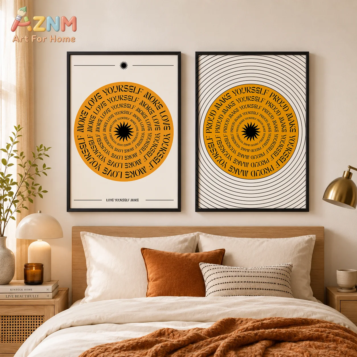 AZNM Unframed Canvas Print Retro Sunburst Quote Wall Art Love Yourself Positive Affirmation Home Decor Poster
