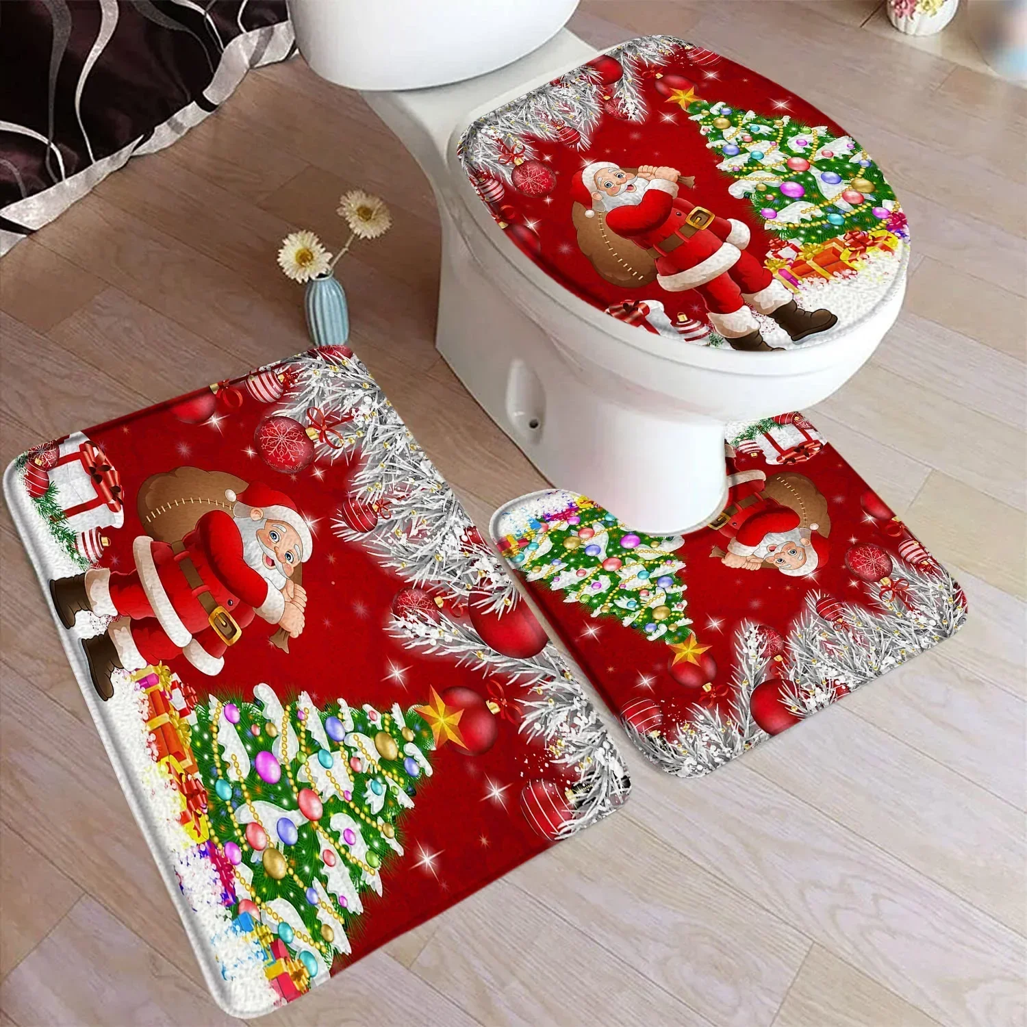 Cartoon Christmas Bath Mat Sets Funny Santa Claus Elk Xmas Balls Red New Year Carpet Bathroom Decor Door Rugs Toilet Lid Cover