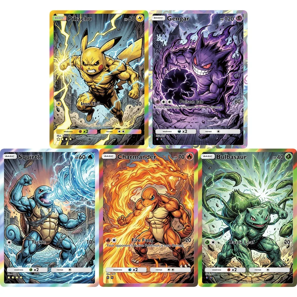 

Набор из 5 коллекционных карт Pokemon: серия American Comics Muscle (Генгар, Чармандер, Сквиртл, Бульбазавр) — редкие голографические игровые карты PTCG, подарок для покемонов-фанатов