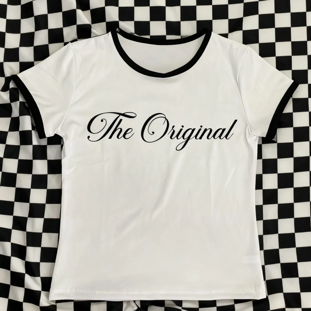 Damen-T-Shirt im Y2K-Stil, lässig, schmale Passform, kurzärmelig, Rundhalsausschnitt, bedruckter Buchstabe, europäisch und amerikanisch inspiriert, Hot Girl Top