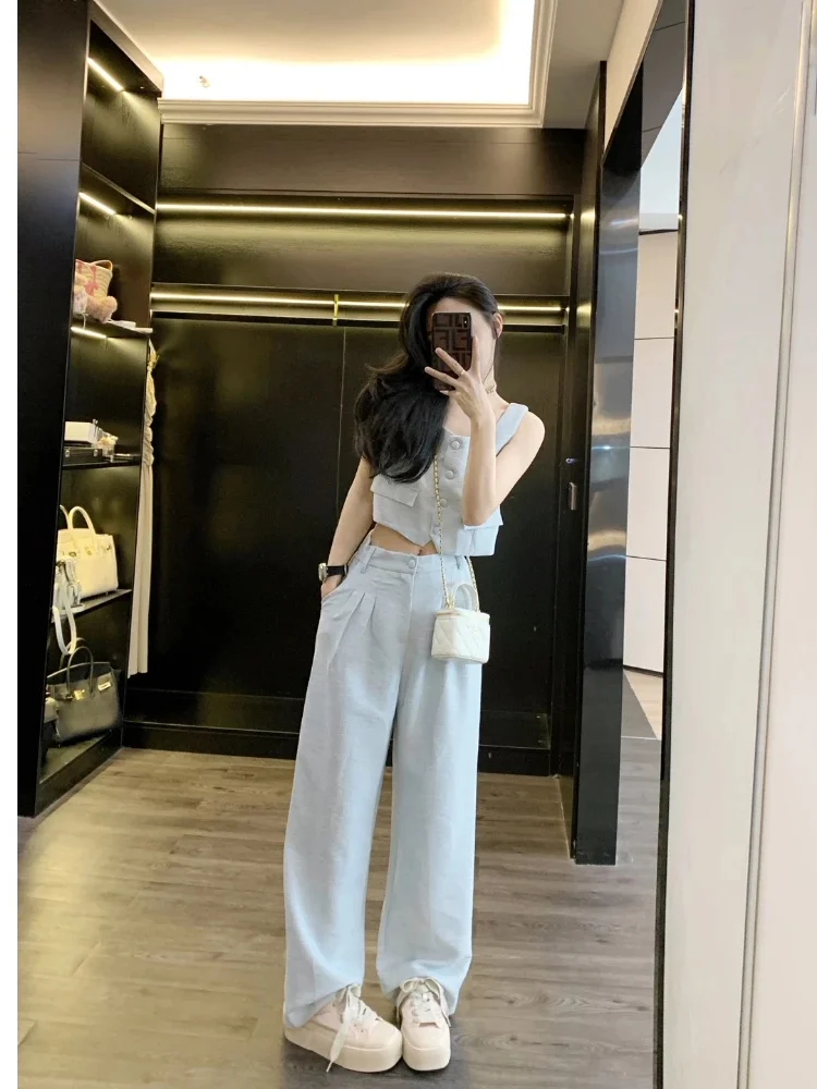 

Модный летний комплект: женские брюки на бретелях, длинные брюки, юбка А-силуэта с завышенной талией, бренд Knoing Head, для повседневной носки, большие размеры