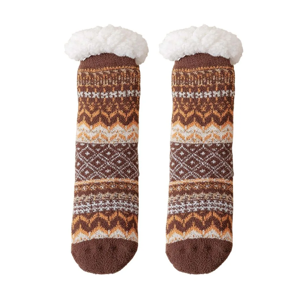 

Patchwork Fleece Socks Women Mid Tube Anti Slip Winter Floor Socks Hosiery Ethnic Style Thicken Velvet Socks Winter