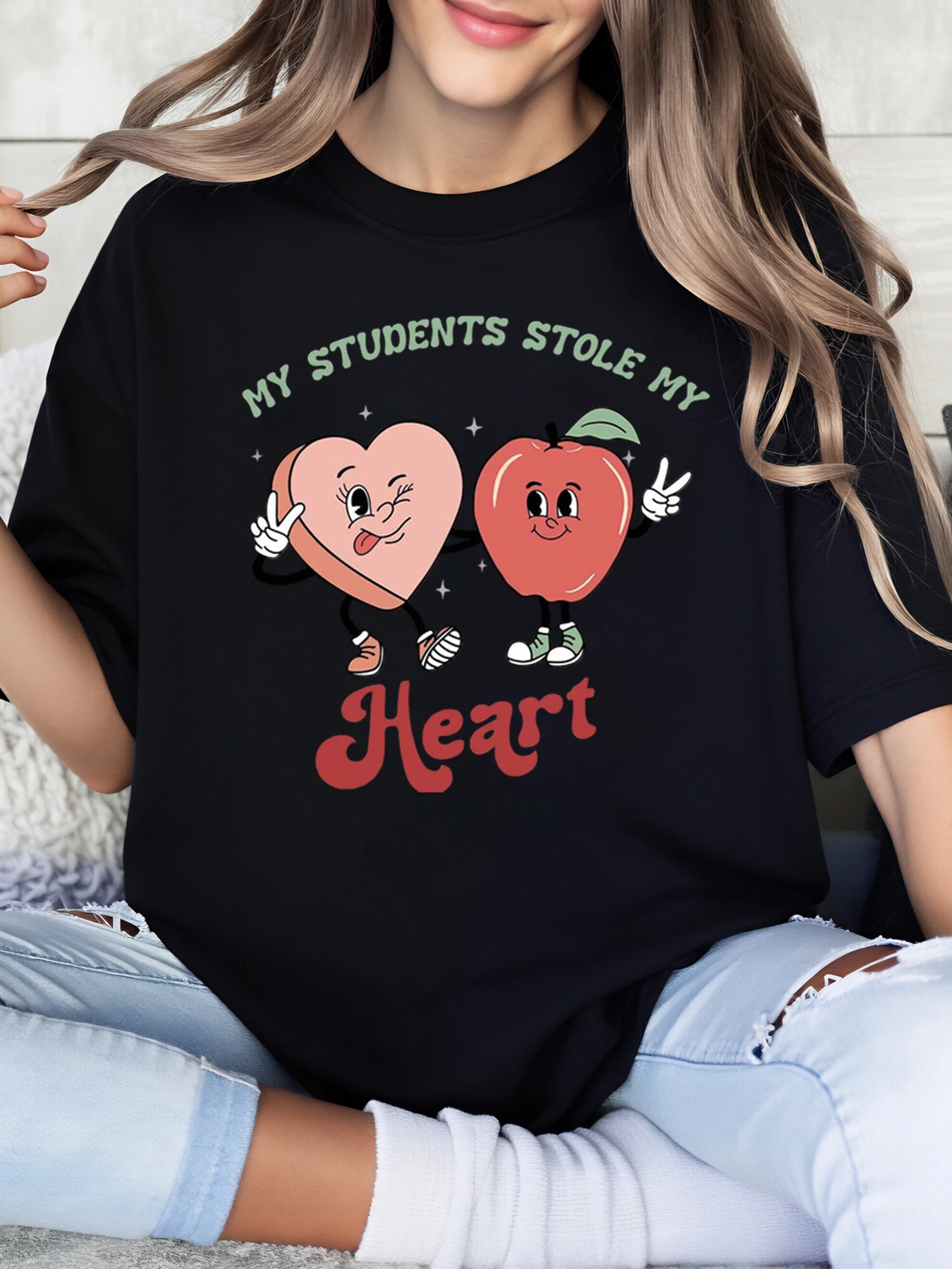 My Students Stole My Heart Valentinstags-T-Shirt mit Apfel- und Herz-Aufdruck für Lehrer, Freizeitkleidung, Schwarz, Übergröße