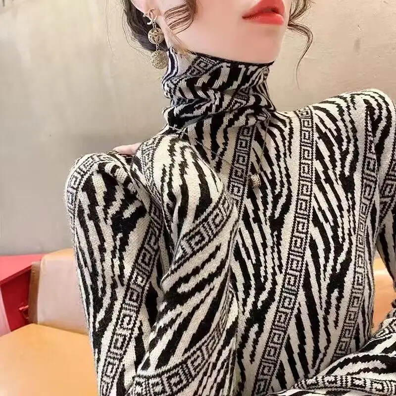 

Women Clothing Chic Turtleneck Geometric Knit Pullovers Autumn Winter Elegant All-match Slim Long Sleeve Sweater Office Lady Top