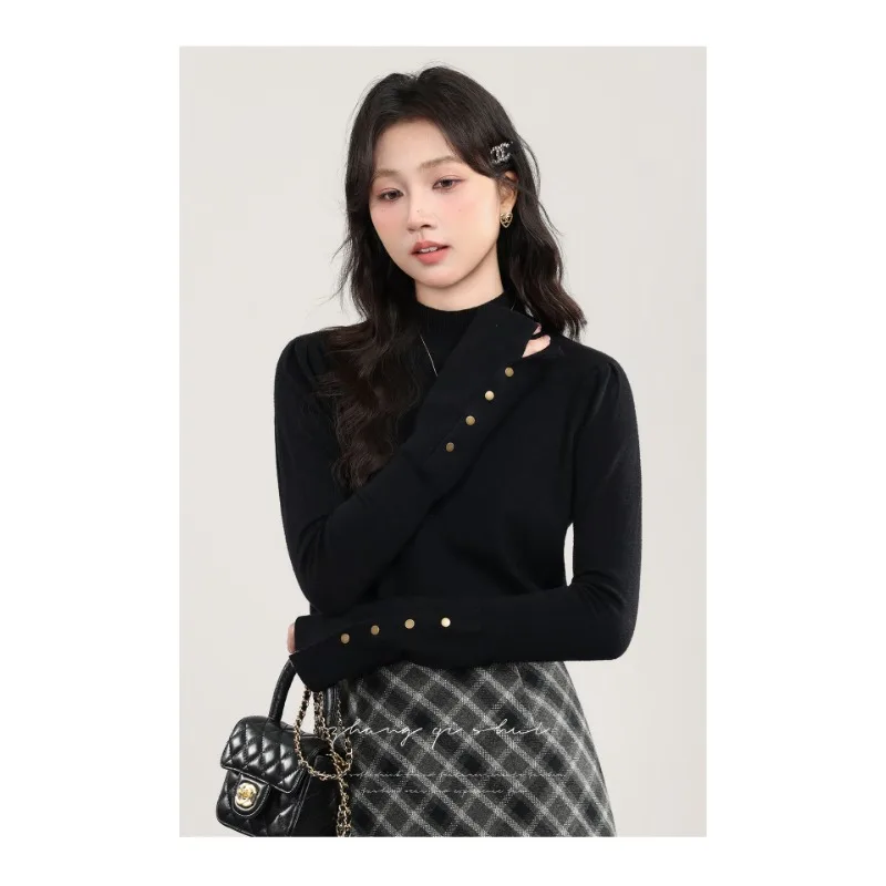 Осенне-зимний полуводолазка, однотонный нижний свитер, женский повседневный модный топ с бисером