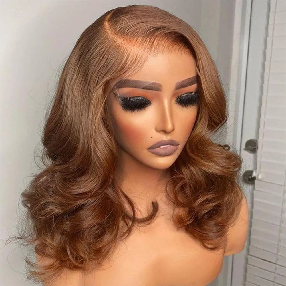 # Peluca corta tipo bob con ondas suaves color chocolate, cabello humano, sin pegamento, con frontal de encaje HD 13x4 para mujeres, 100% cabello virgen, pre-arrancada.