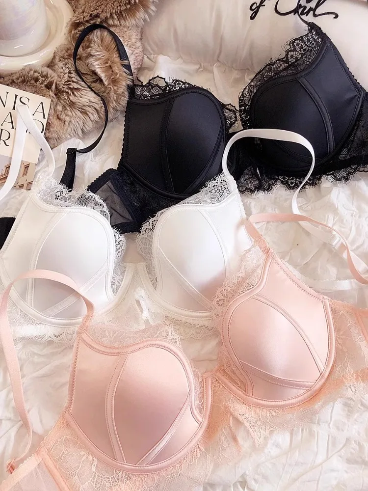 YUQI francuska satynowa koronka seksowna stalowa obręcz cienka bielizna zestaw zebrane małe piersi biustonosz górna część biustonosza zapobiegająca zwiotczeniu biustonosza