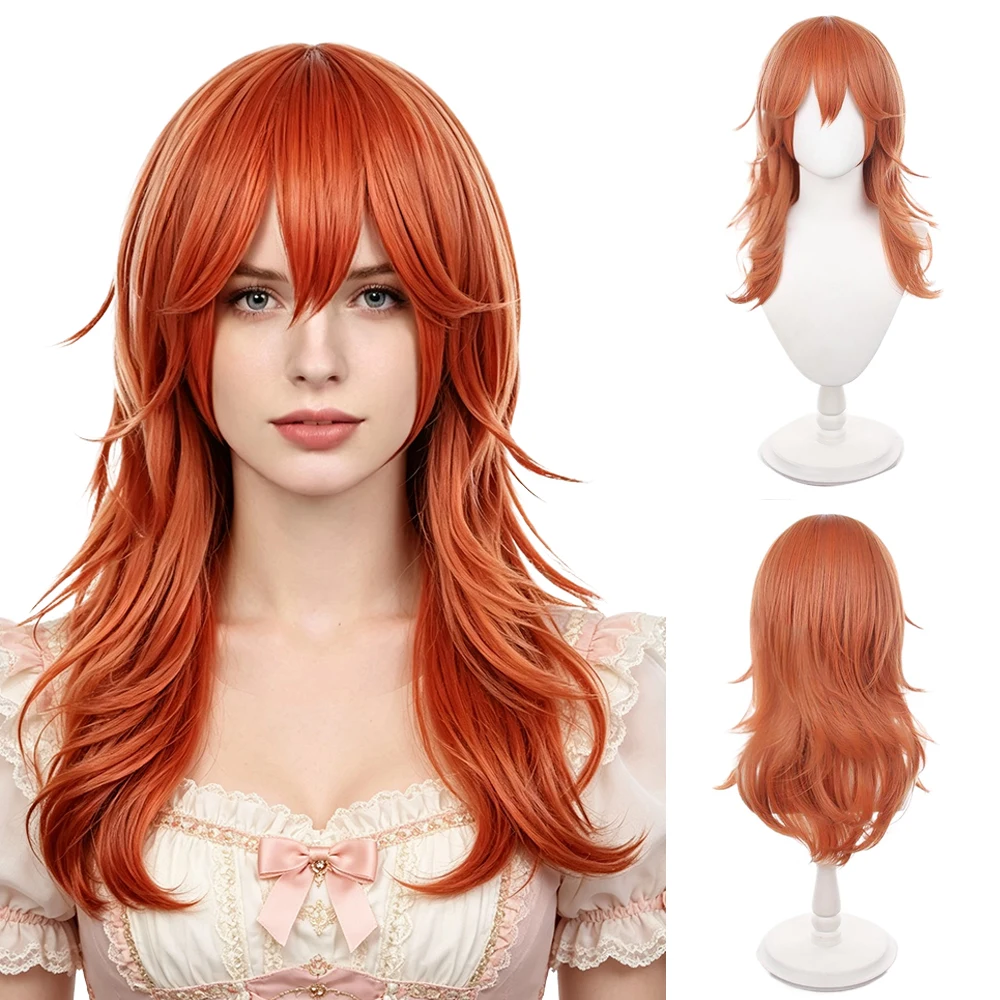 Ginger Orange Mullet Wig Medium Length Layered Wavy with Bangs Heat Resistant Synthetic Cosplay Wig For Women Party Halloween