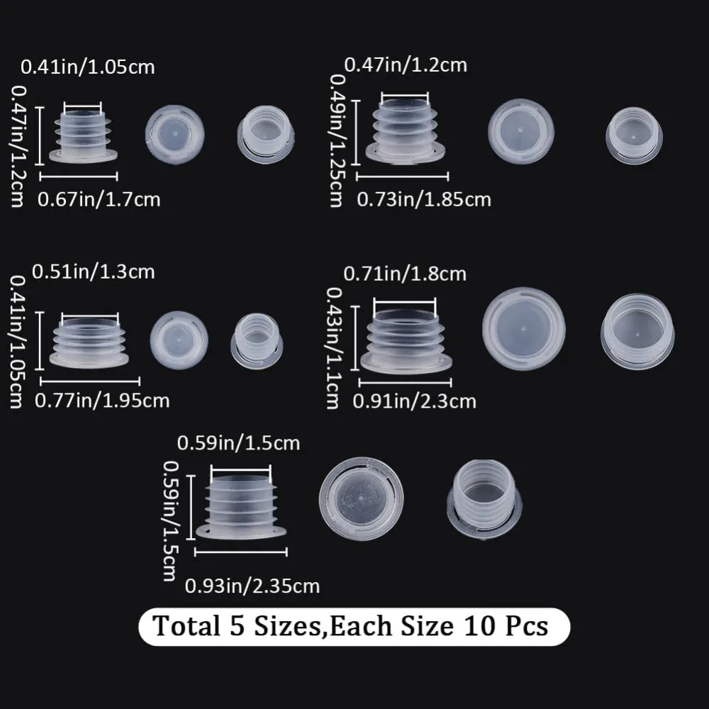 50PCS 5 Sizes Clear Plastic Stopper with Pull Tab Salt and Pepper Shaker Stoppers Replacement Bottle Plug 10.5mm to 18mm