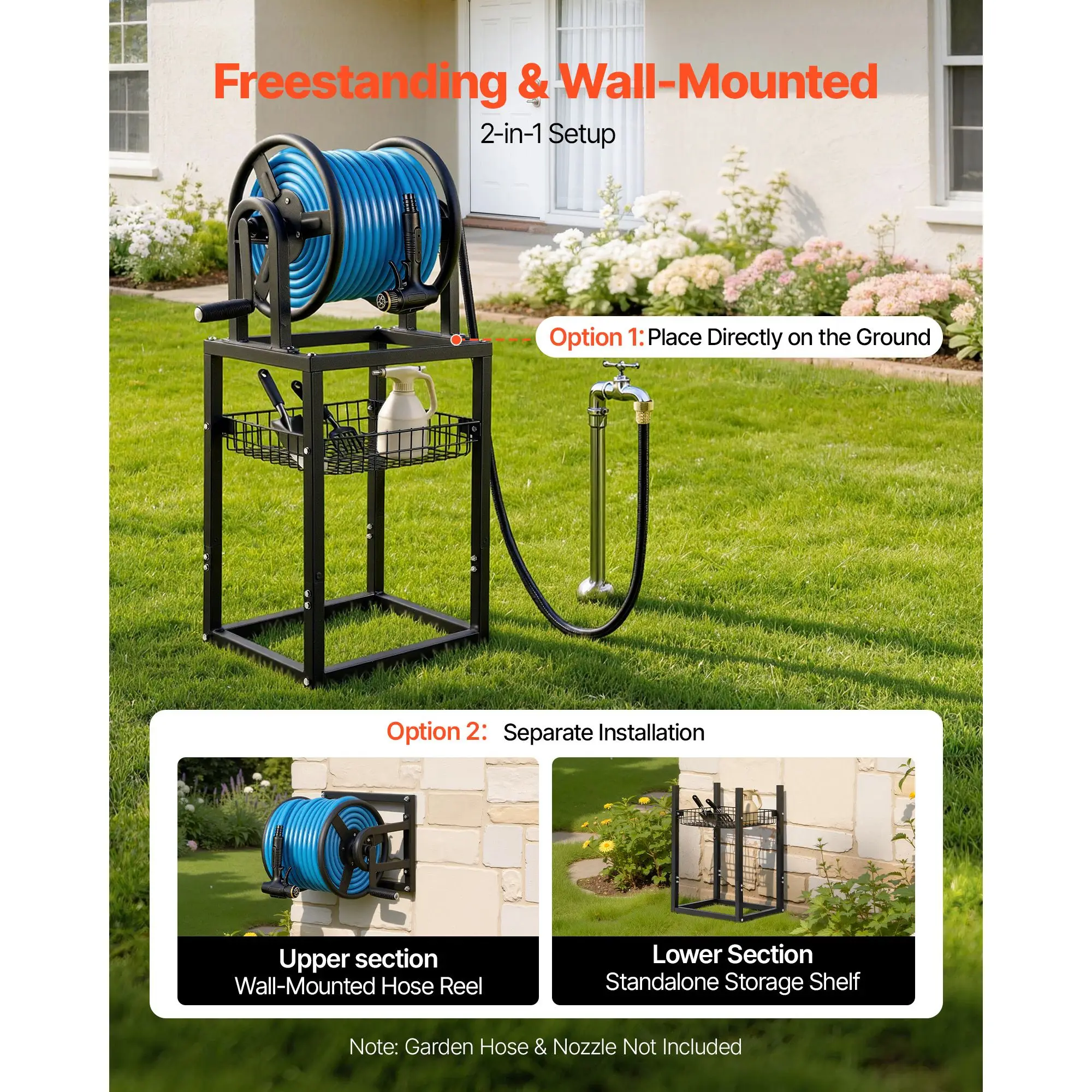 Freestanding Garden Hose Reel, Holds 125 Feet of 5/8-inch, Wall Mount or Ground, Detachable Holder Stand with Storage Rack, 5 ft
