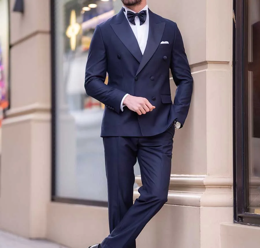 High Quality 2 Pieces Navy Men Suits Tuxedo  Peaked lapel Formal Suit Custom Size Single Breasted 3 Pockets Blazer+Pant