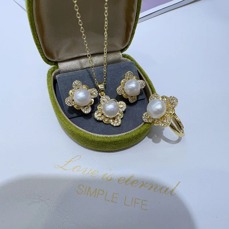 Vintage Square Flower Set Niche Design Fashionable Natural Pearl Pendant + Earrings + Ring view 6