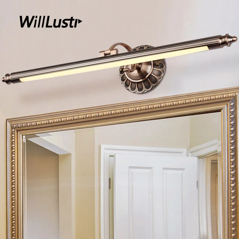 LED Rocker Arm Vanity Light Luxury Retro Bronzy Metal Wall Lamp Acrylic Sconce Bathroom Cabinet Creative Mirror Front Lighting