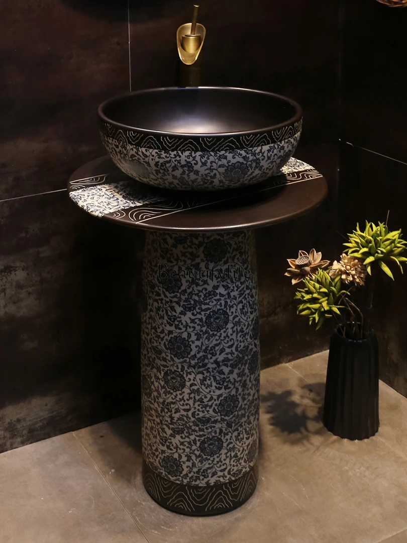 Blue and White Pedestal Basin Ceramic Outdoor Wash Basin Integrated Chinese Column