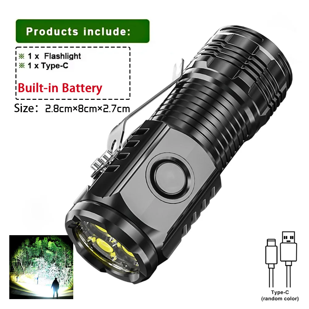 Super Bright Mini Torch Powerful LED Flashlight USB Rechargeable Strong Light Cap Clip Lamp High Power Portable Lighting Lantern