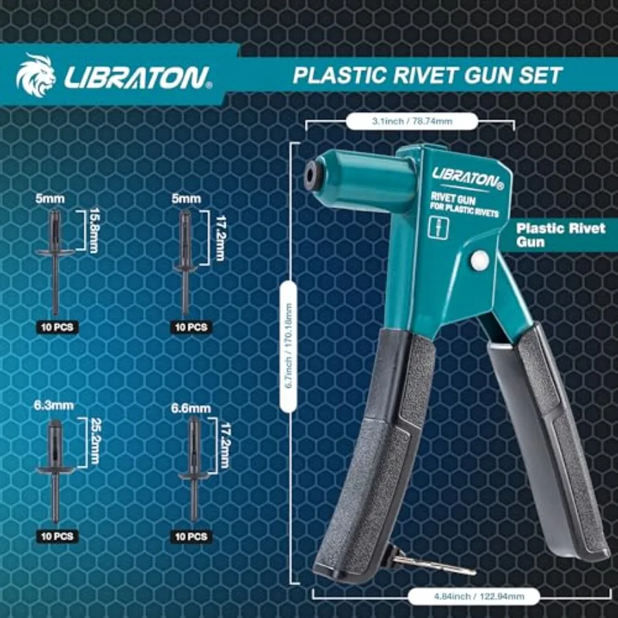 90度角度プラスチックリベットガンキット、4種類のサイズのナイロンリベット40個付き、自動車および電子機器用途向けユニバーサルノーズピース