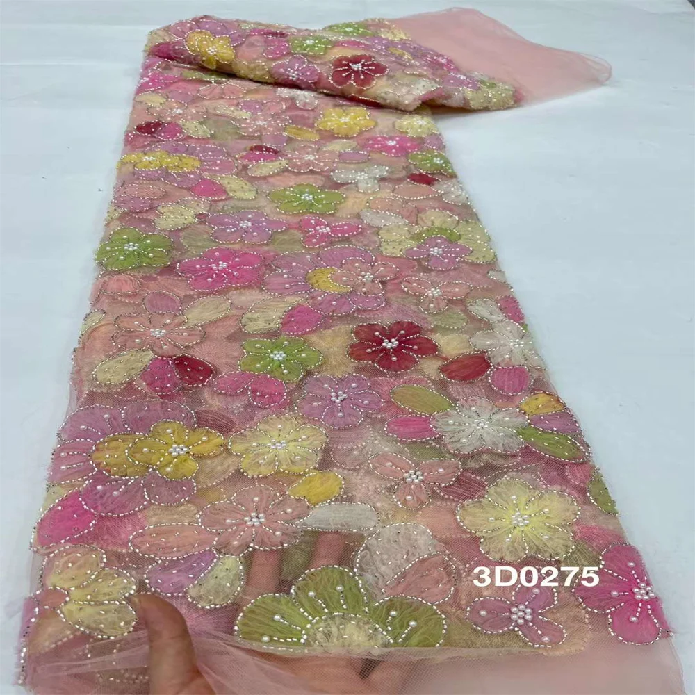 New High Quality 3D African Handmade Beaded Laces Fabirc 2024 Sewing Sequins Embroidery Nigreian Lace Fabric Women Wedding Dress