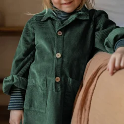 Vintage Corduroy Dress Girls Autumn New Lapel Buttons Long Sleeved Ribbed Warm Kids Dresses With Front Patch Pockets