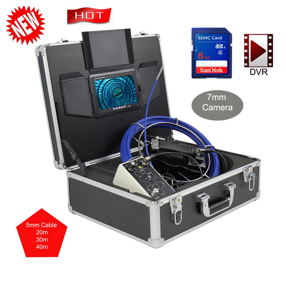 7mm Camera Head Video Pipe Inspection Camera  Drain Sewer Borescope Endoscope Handheld 7'LCD DVR Meter Counter