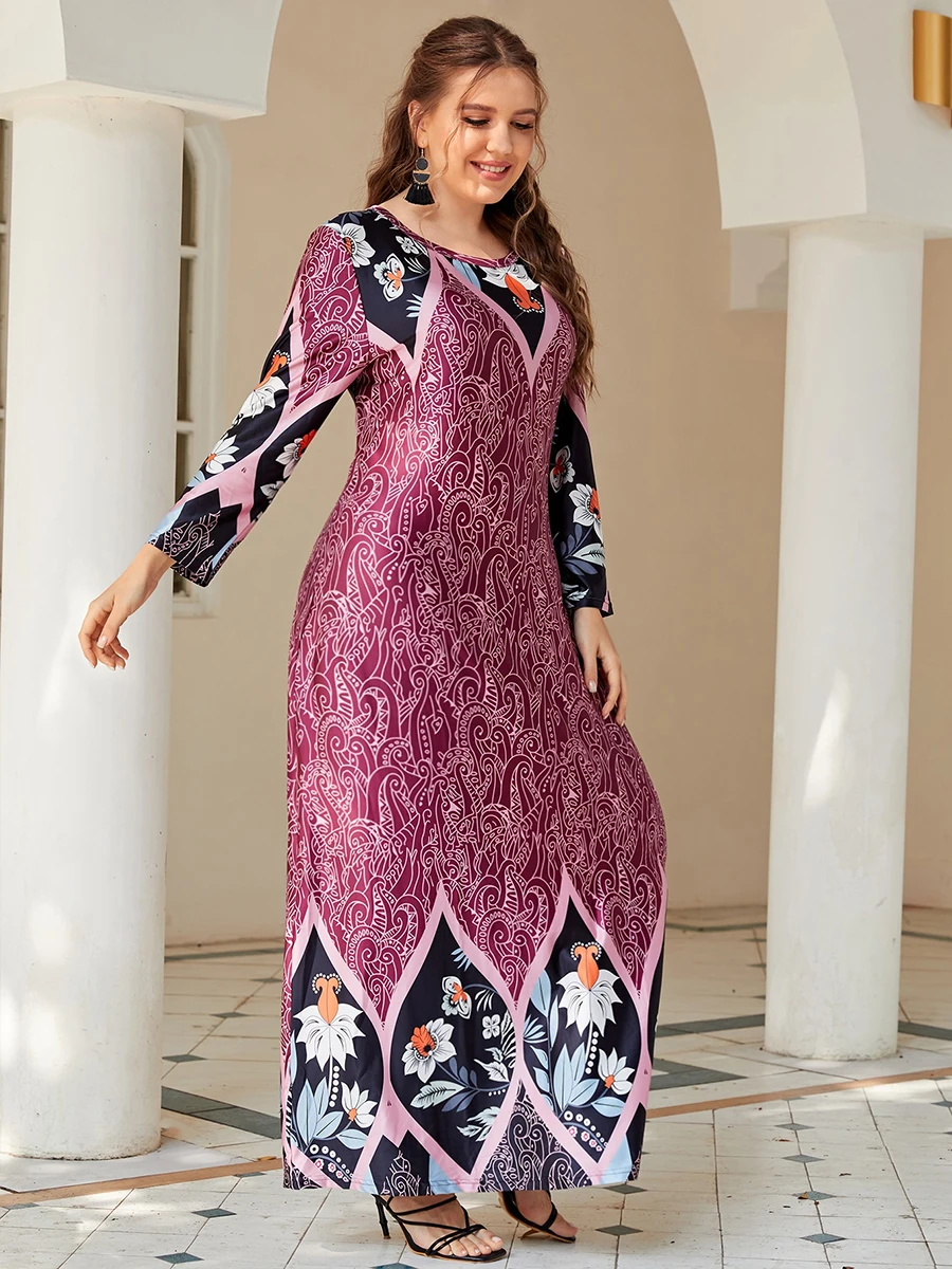 Plus Size Dress 2024 Autumn Winter Women Long Sleeve Retro Print Vintage Dress Big Curvy Size Abayas Muslim Islamic Clothing