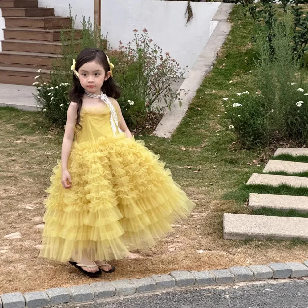 Girls Princess Dress 2026 Summer New Girls Baby Super Heavy Industry Style Strap Dress Children Birthday Party Dress