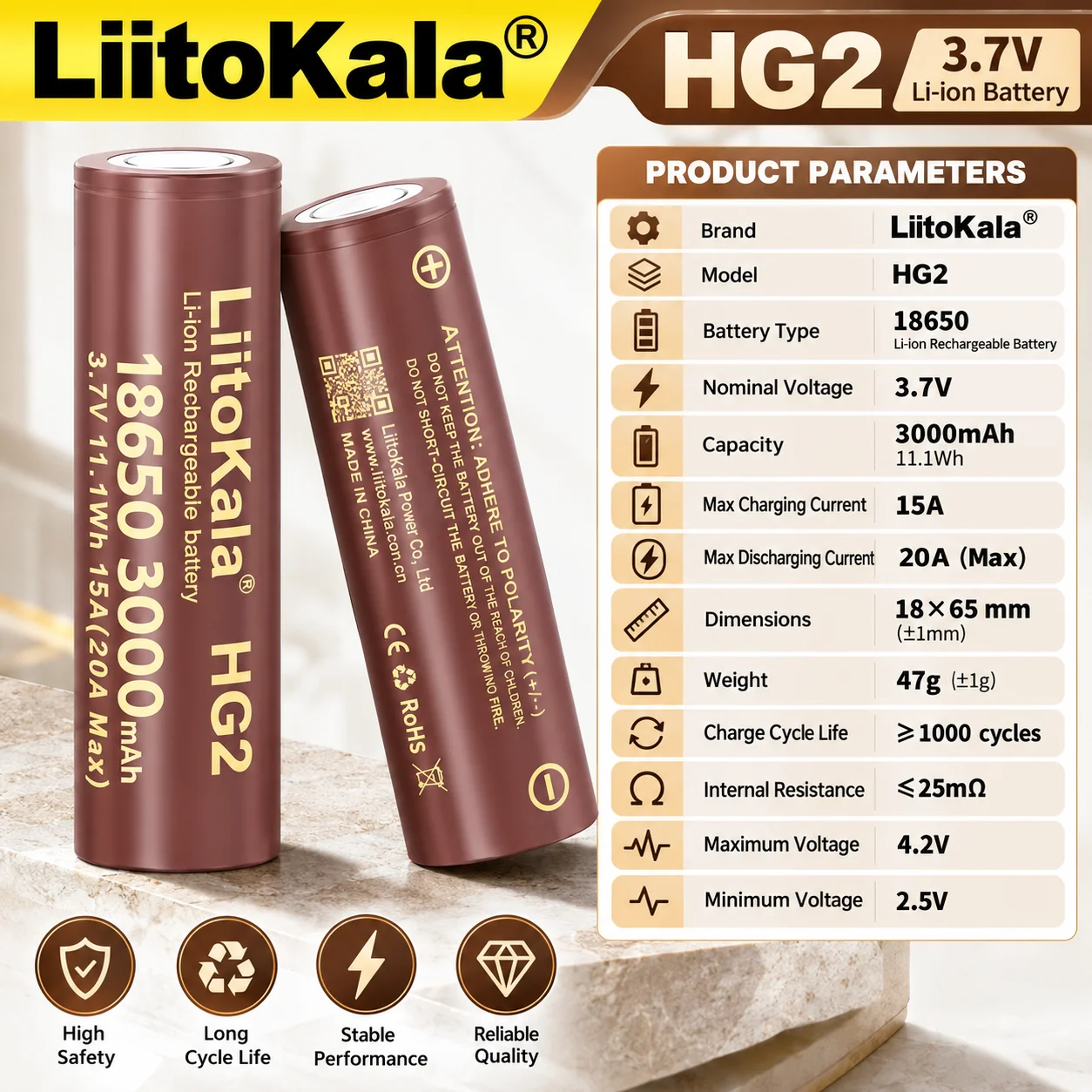LiitoKala 18650 HG2 3000mAh 3.7V Rechargeable Li-ion Battery with 30A Continuous Discharge for Drones Power Tools 1-30PCS