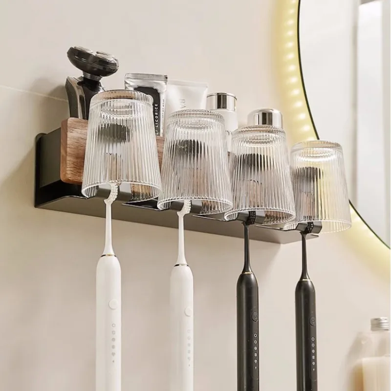 natural Wooden toothbrush holder Bathroom storage rack Toothbrush cup holder Bathroom perforated electric toothbrush Washing cup