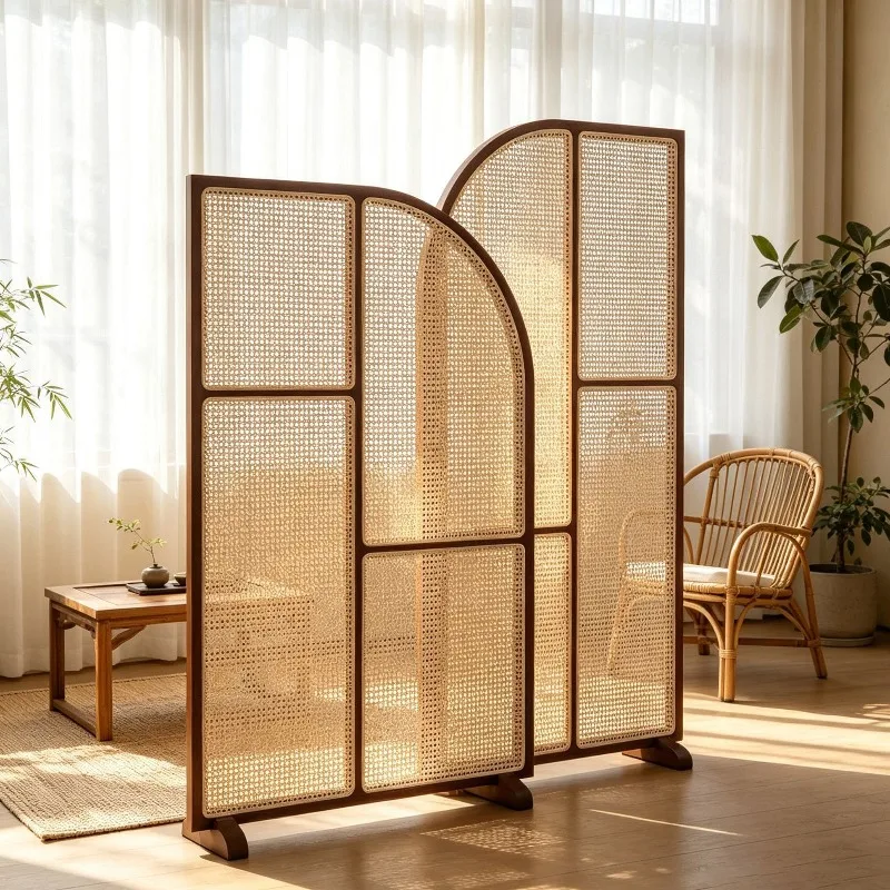 New solid wood medieval rattan screen small living room partition facing the door entrance entrance movable bedroom seat screen