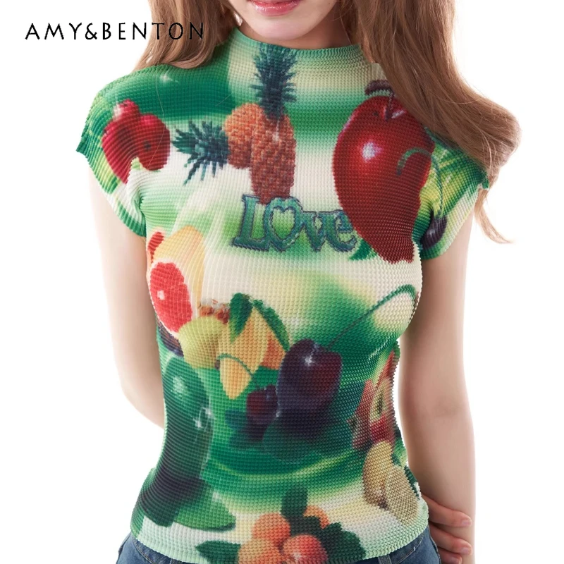 

Original Design Fruit Print Green Ruched Women's Top 2026 Spring Summer New Arrival Slim Flattering Versatile T-shirt Ladies