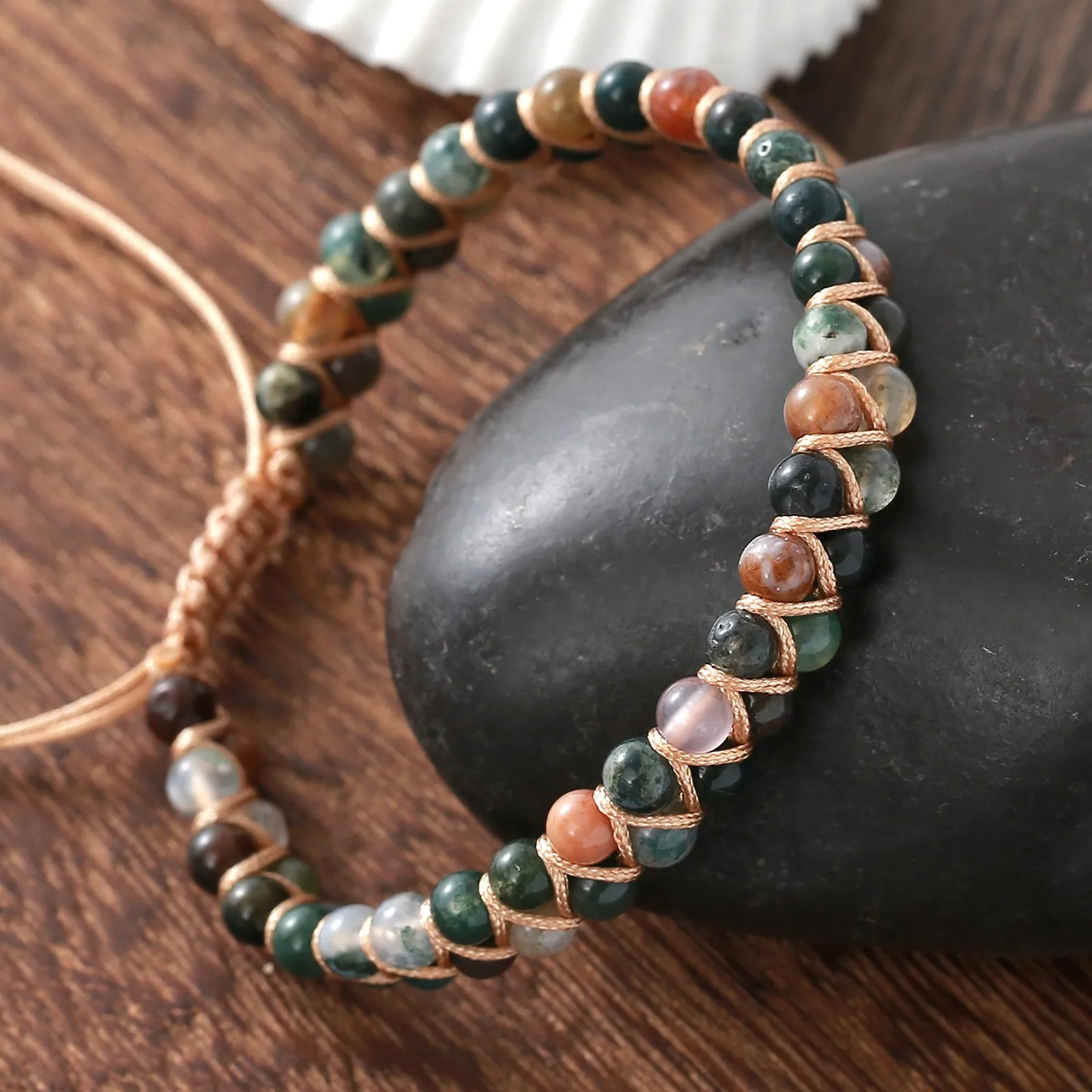 Women's Bohemian Indian Agate 4mm Double Layer Colorful Natural Stone Handmade Woven Drawstring Bracelet