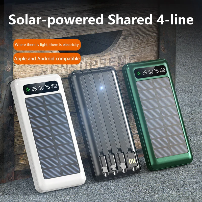 Solar Power Bank 500000mAh Large Capacity Mobile Power Fast Charging Battery With Dual USB 4 Cables For iPhone Samsung