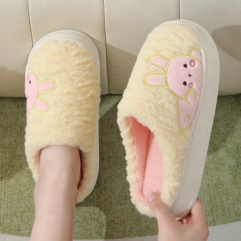 2023 Winter House Slipper Women Fuzzy Cartoon Rabbit Bear Warm Plush Indoor Floor Non Slip Home Men Shoes Female Slippers