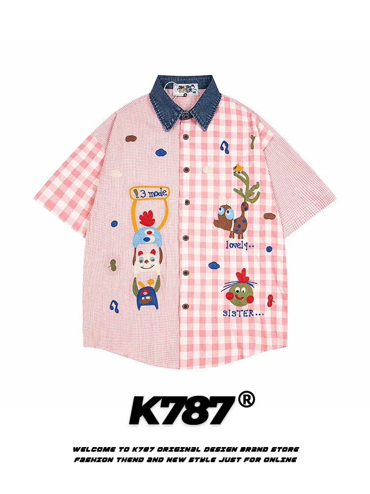 

K787 American Retro Plaid Embroidered ort Sve irt Men's Women's Dopane College Sle Patchwork Open Cardigan f S...