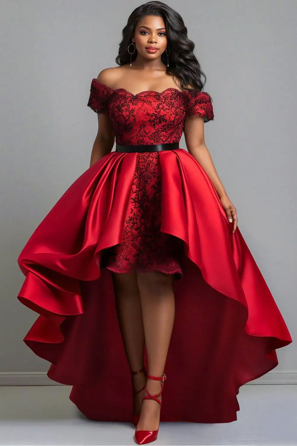 

Plus Size Formal Lace Red Off The Shoulder Peplum Vintage High Low Hem Satin Midi Dresses