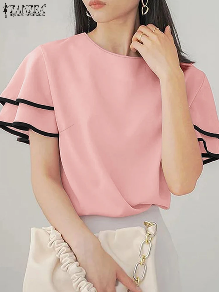 

ZANZEA Elegant Contrast-Piping Womens Blouses Fashion Layered Ruffle Sleeve O-Neck Blusas Mujer 2025 Summer Casual Solid T-Shirt