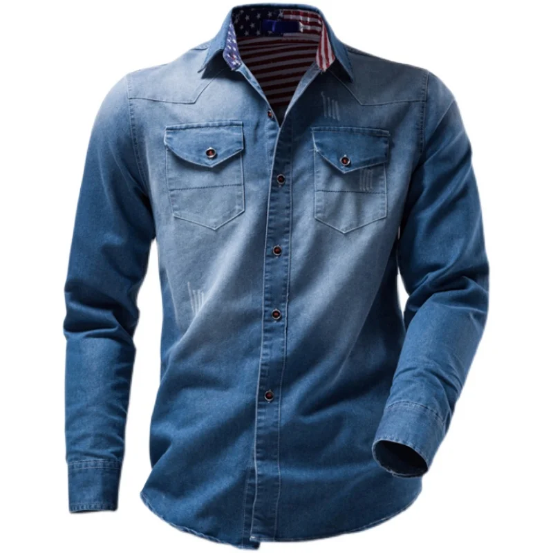 Mens High Quality Spring Autumn Long Sleeve Cotton Denim Shirts flag print colorblock wash male slim fit denim shirt cowboy tops