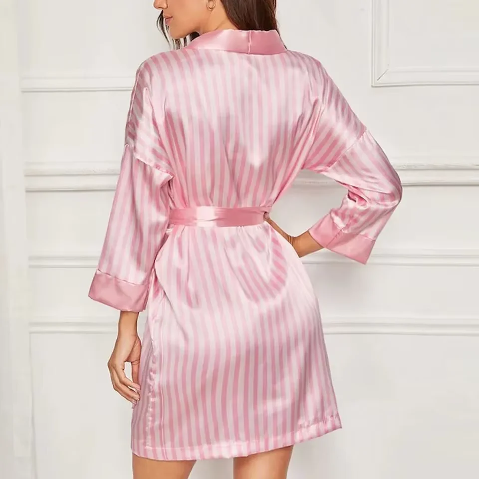 3Pcs Pink Striped Pajamas Set With Robe Satin Lace Cami Sleepwear Sexy Pj Set Xmas Nightie Nightgown Home Clothes For Women