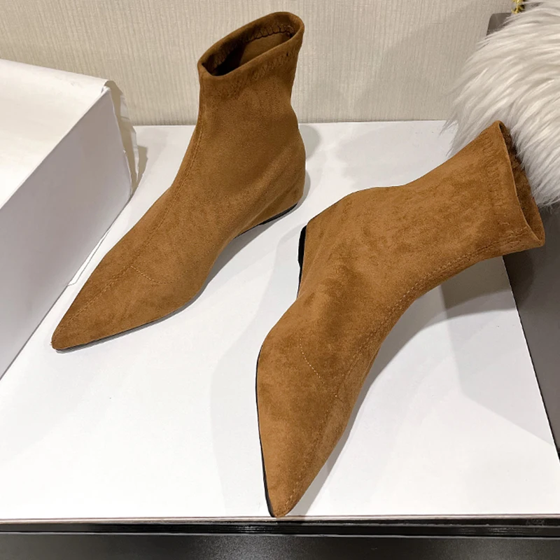 

Женские ботильоны с острым носком, замшевая роскошная обувь на плоской подошве, модные модельные зимние короткие ботинки, новинка 2023 года, Walking Femme Chelsea Botas