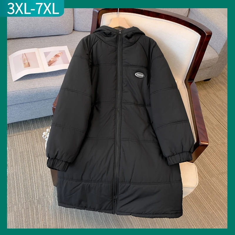 New 2024 Ladies Autumn Winter Plus Size Tops For Women Large Long Sleeve Black Hooded Cotton-Padded Jacket 3XL 4XL 5XL 6XL 7XL