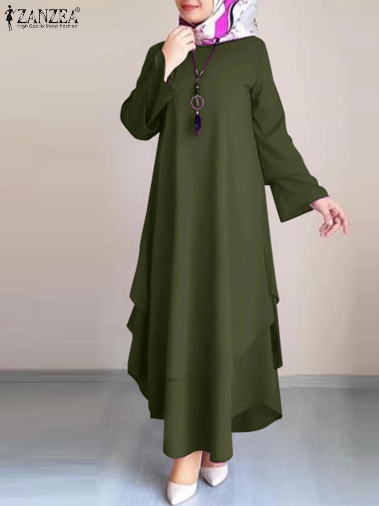 ZANZEA Elegant Women Muslim Abaya Dress Autumn Long Sleeve Solid Kaftan Sundress Robe Femme Casual Eid Mubarek Ramadan Vestido