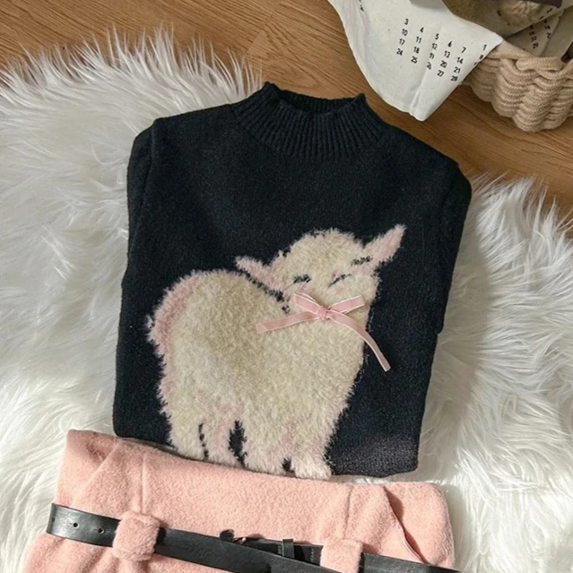 2000s الجمالية تريكو خمر الفانيلة البلوفرات الخريف الشتاء امرأة لطيف الكورية Kawaii البلوز الياقة المدورة سترة