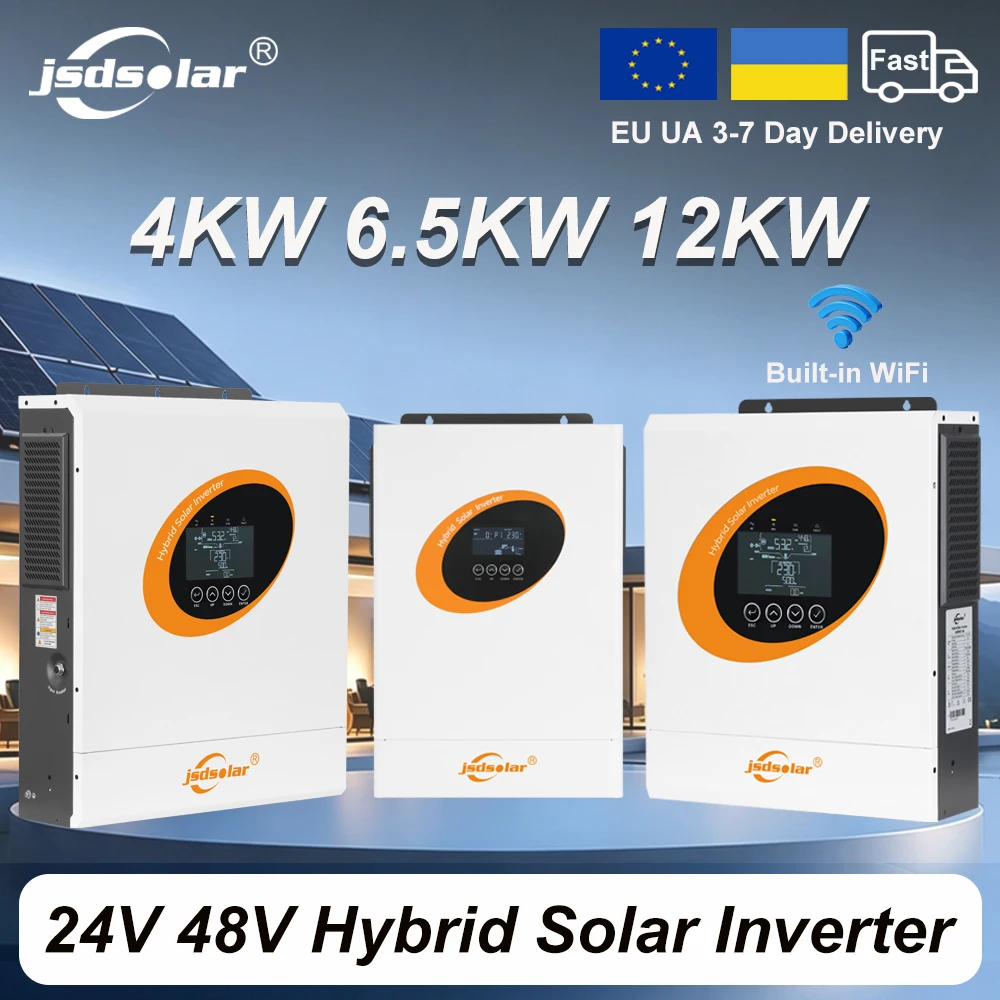 Jsdsolar 12KW 6.5KW 4KW Hybrydowy Inwerter Solarny 48V 24V 220Vac Inwerter Odpływowy z Czystą Fale Sinusoidalną Wbudowany Regulator Ładowania MPPT 160A Podwójne Wyjście AC z WiFi do Paneli