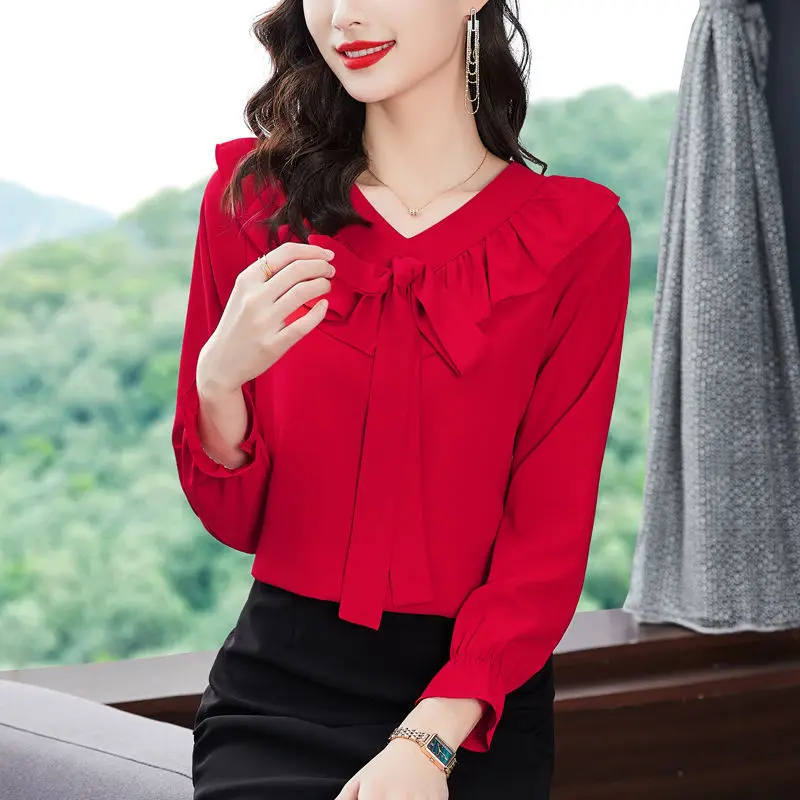 Elegant Bow Long Sleeve V Neck Shirt Women\'s Spring New Ruffled Blouses Tops 4XL