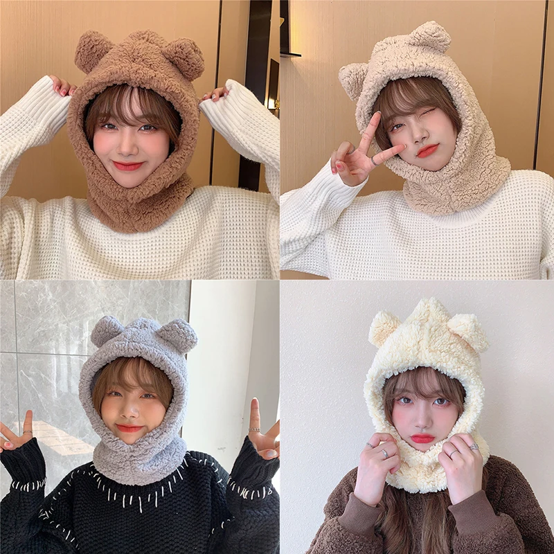 1Pc Cute Bear Ear Hat Scarf Gloves 3-in-1 Winter Warm Hedging Cap Women Windproof Plush Hat Scarf