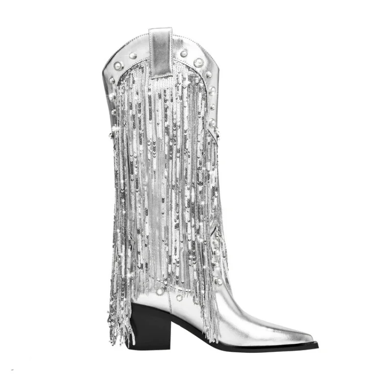 2023 Silver Sequin Chelsea Boots 35-43 Pointed 10cm/7cm Slope Heel Tassel Boots Internet Celebrity Estate Holiday Autumn Boots