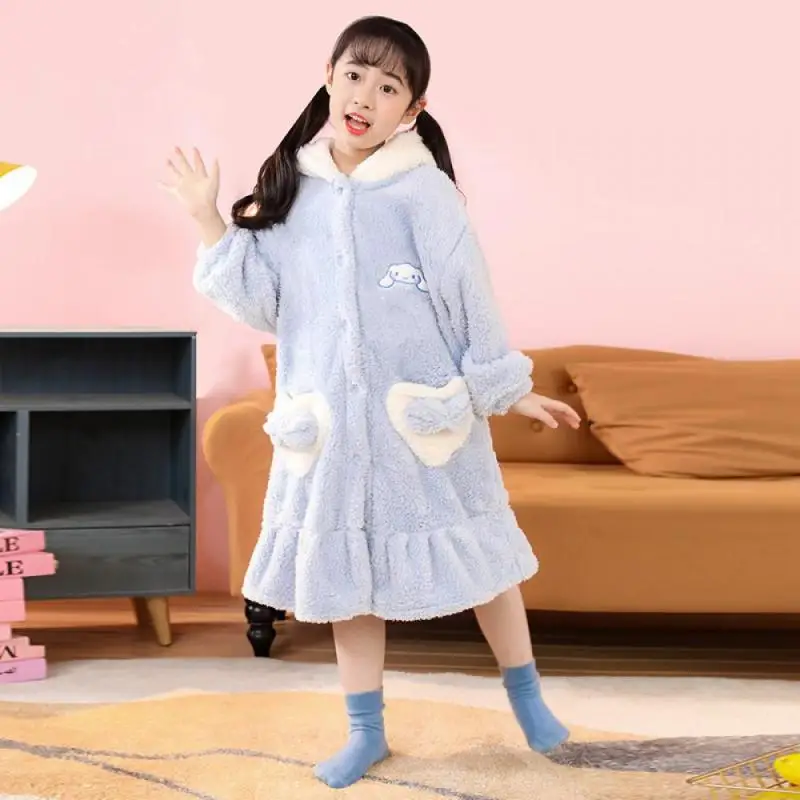 Kuromi Girls Coral Fleece Thickened Pajamas Sanrioed Cinnamoroll Cartoon Kids Thermal Robe Winter Children's Homewear Sleepwear