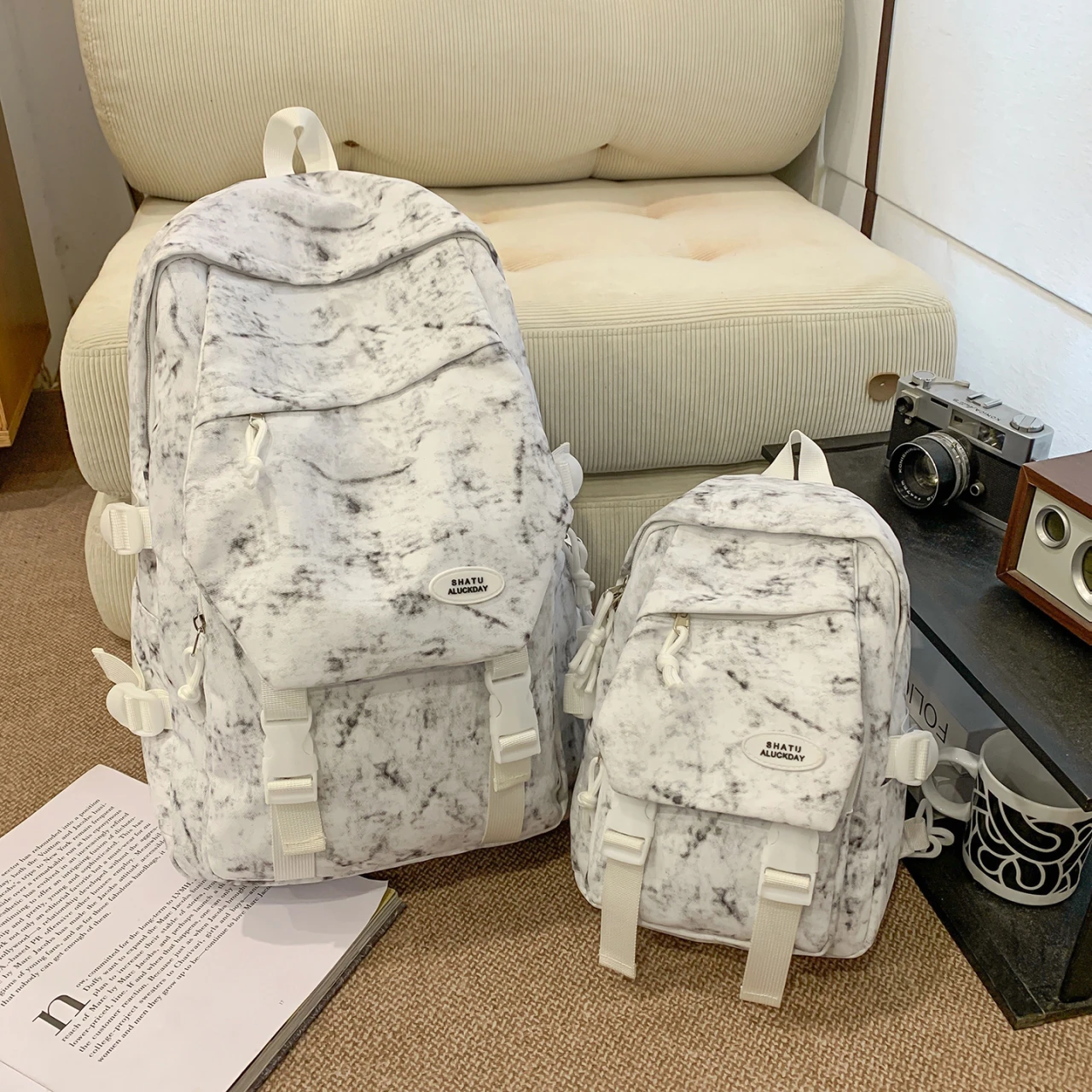

Women's Marble Print Canvas Backpack Set (2 Sizes) Adjustable Strap Minimalist Y2K Aesthetic Casual Daily School Travel Bag 2026