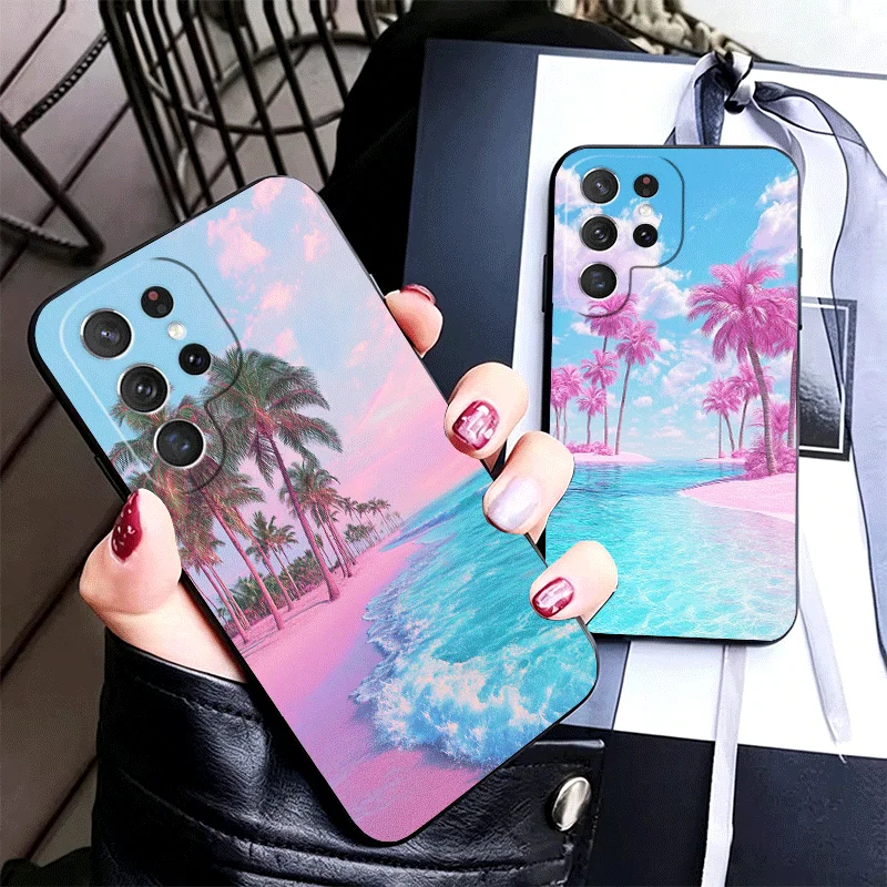 Pink Sunset Beach Dreamy Scenery Silicone Phone Case for Samsung Galaxy S24 S26 Ultra S25 Edge S23 Plus S22 + S21 S20 FE 5G Blac